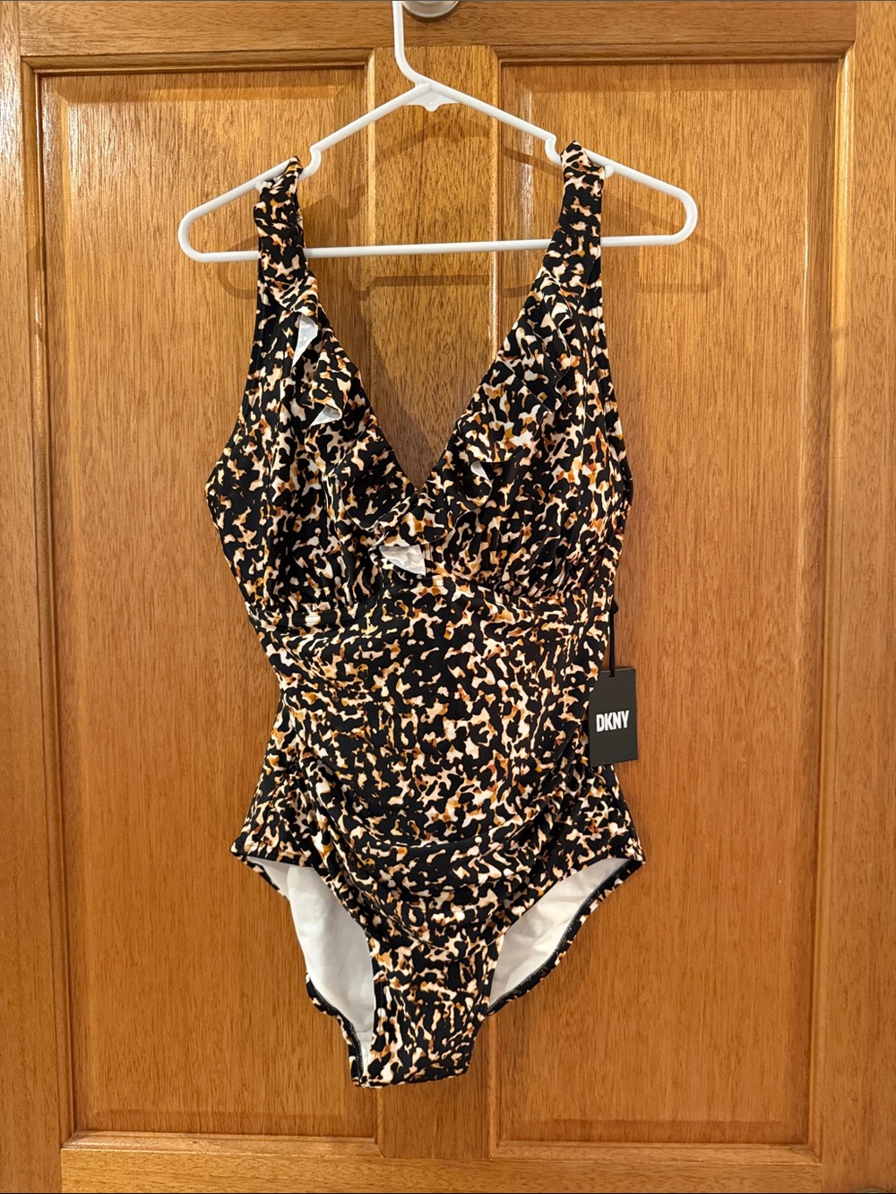 DKNY Black, Tan & Cream Printed One-Piece Swimsuit.MSRP $98